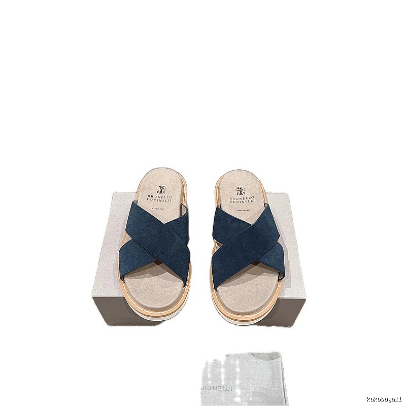 Brunello Cucinelli Minimalist Casual Navy Blue Slide Sandals
