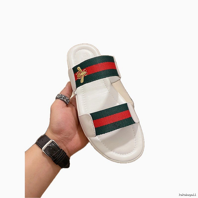 Gucci Vintage-style White Slide Sandals with Bee Webbing