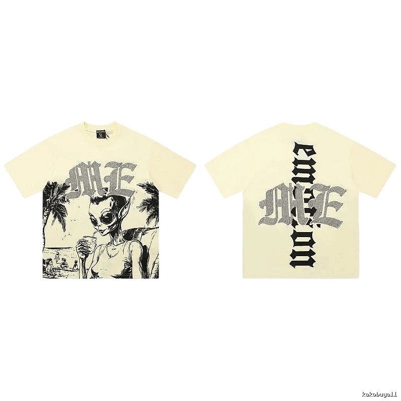 Mixed Emotion Alien Print Street Style Beige T-Shirt