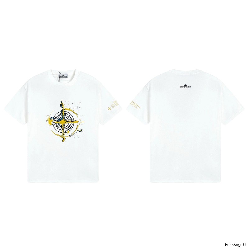 Stone Island Ink-splattered Trendy Style White T-shirt