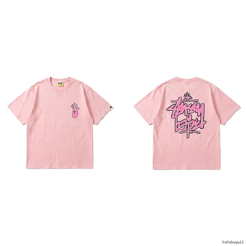 Bape Crown Print Trendy Cool Pink T-shirt