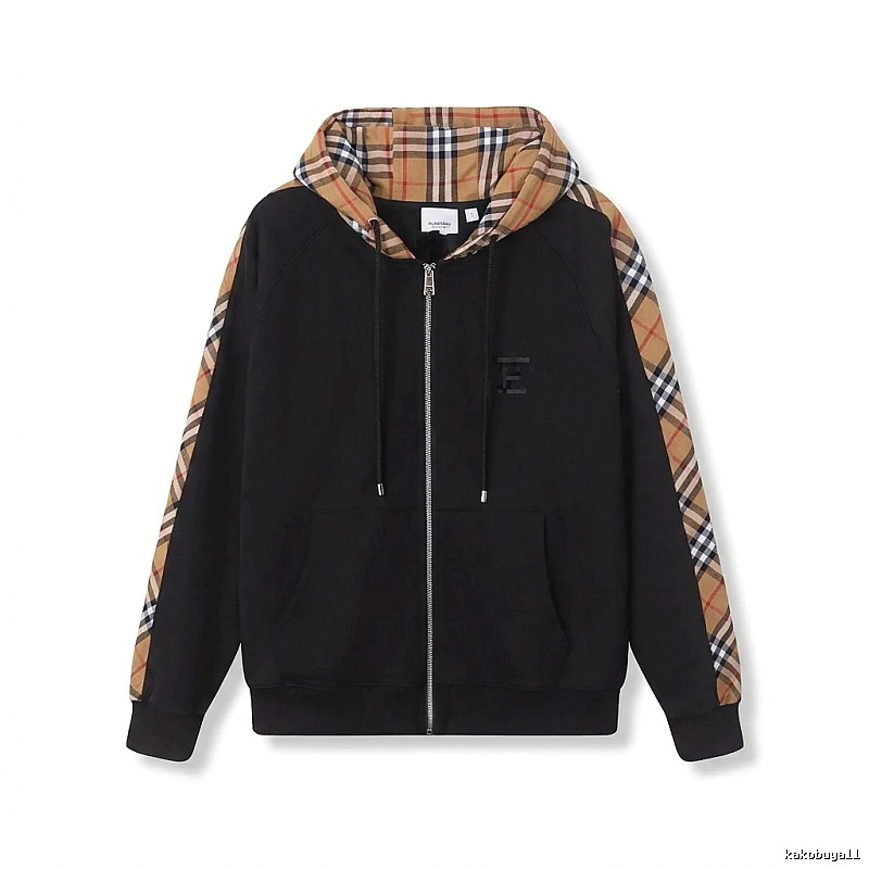 Burberry checkered pattern spliced black hoodie