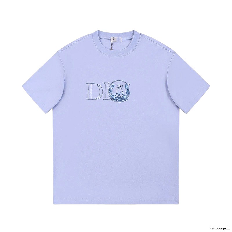 Dior Cat-Embroidered Casual Light Purple Short-sleeve T-Shirt