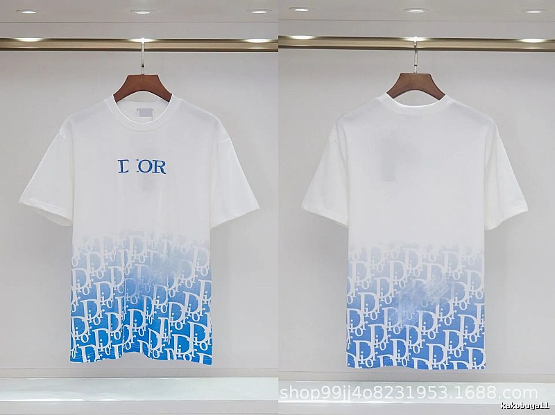 Dior Oblique Gradient Trendy Style Blue and White Short-sleeved T-shirt