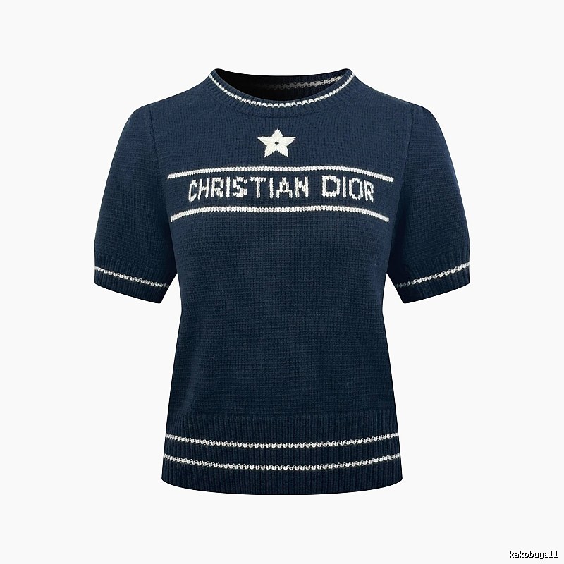Dior Short Sleeve Knit Sweater with Cream Trim and Star Detail