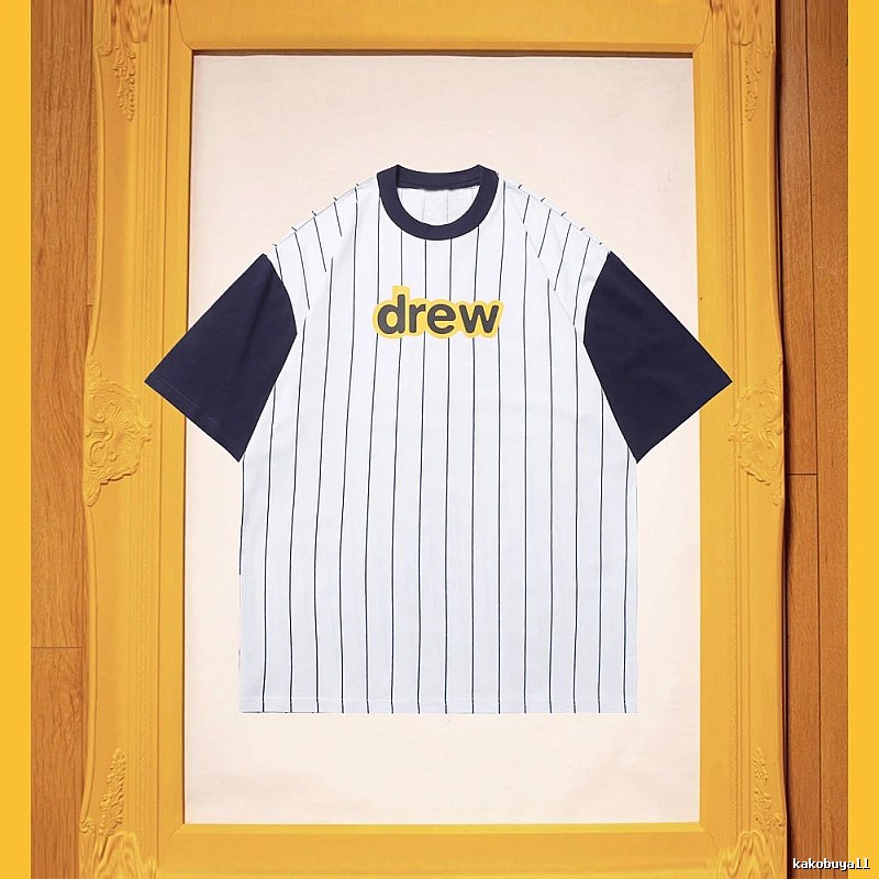 DREW Letter Print Street Style White and Navy Blue Short Sleeve T-Shirt
