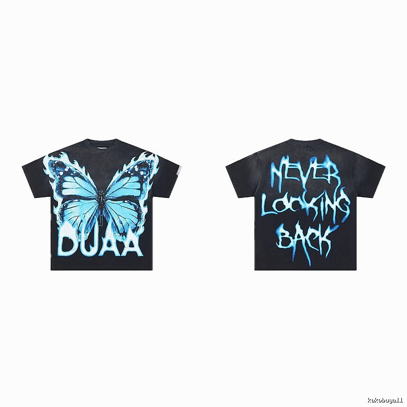 DUAA Butterfly Print Street Style Black and Blue Short-sleeved T-shirt