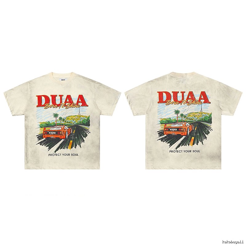 DUAA Sports Car Print American Retro Off-white Short Sleeve T-Shirt