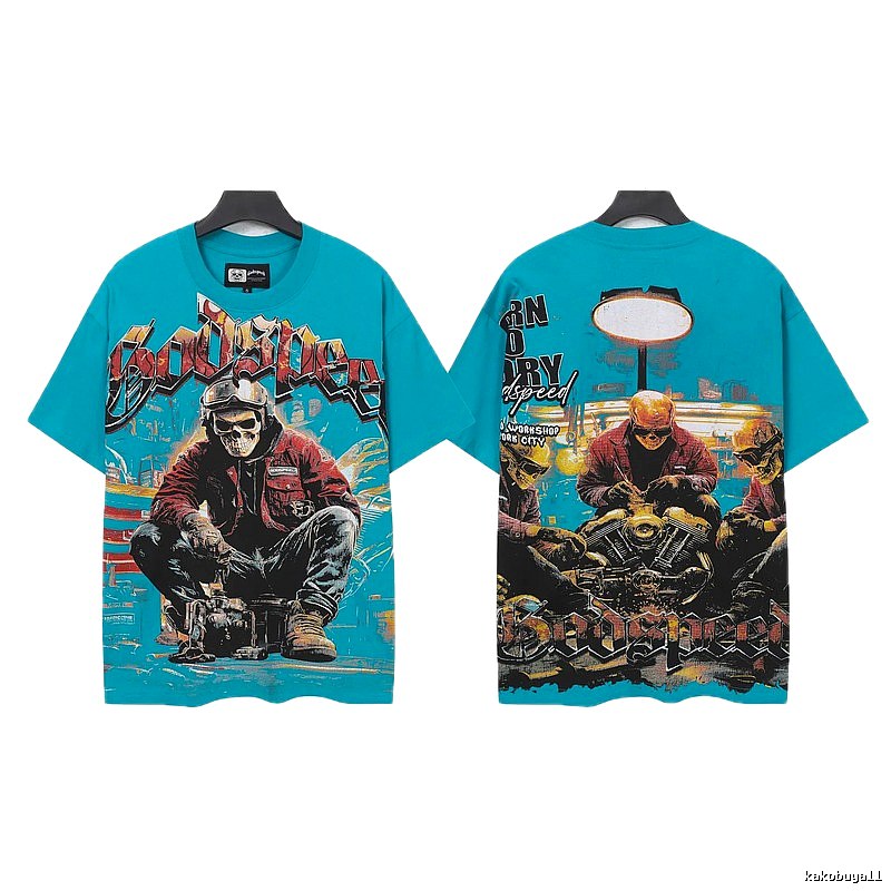 Godspeed Motorcycle Skull Vintage Style Lake Blue Short Sleeve T-shirt