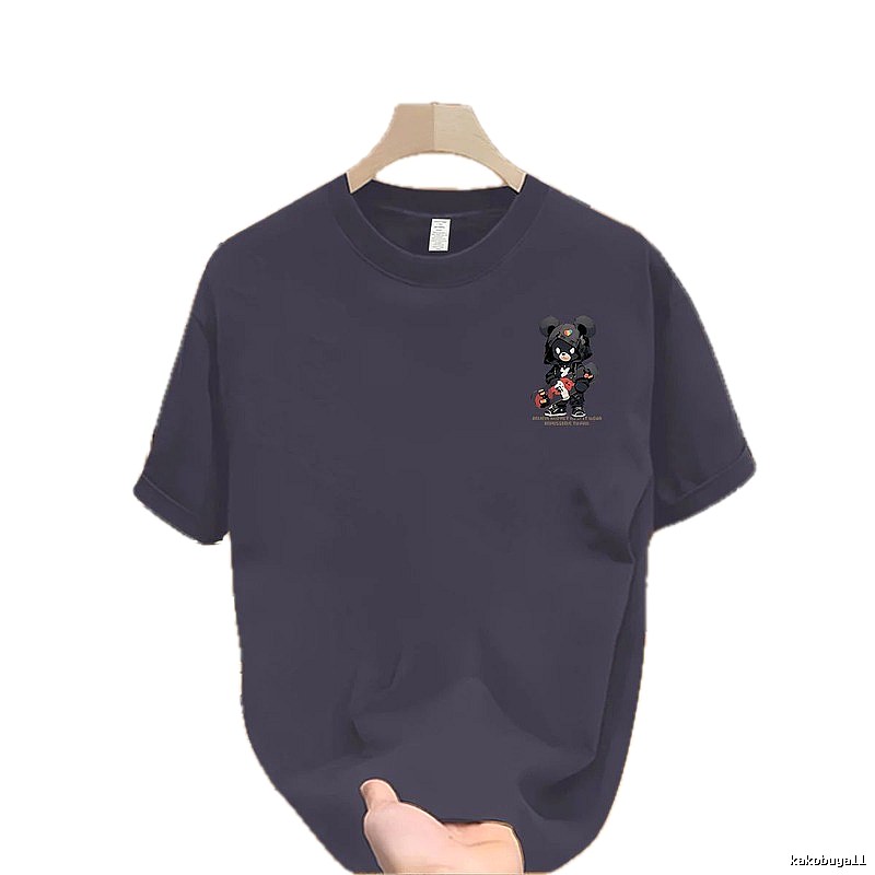 Gray-Blue Guochao Techwear Street Style T-Shirt with Bear Print