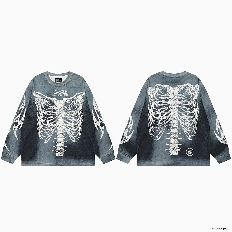 Hellstar Skull Print Street Style Vintage Grey Long Sleeve T-shirt