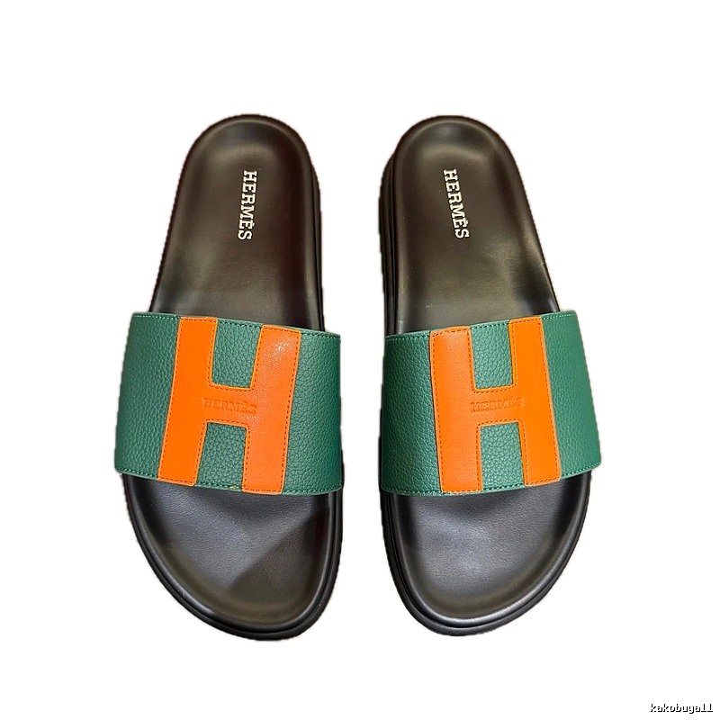 Hermès H Collection Casual Style Green and Orange Color-block Slide Sandals