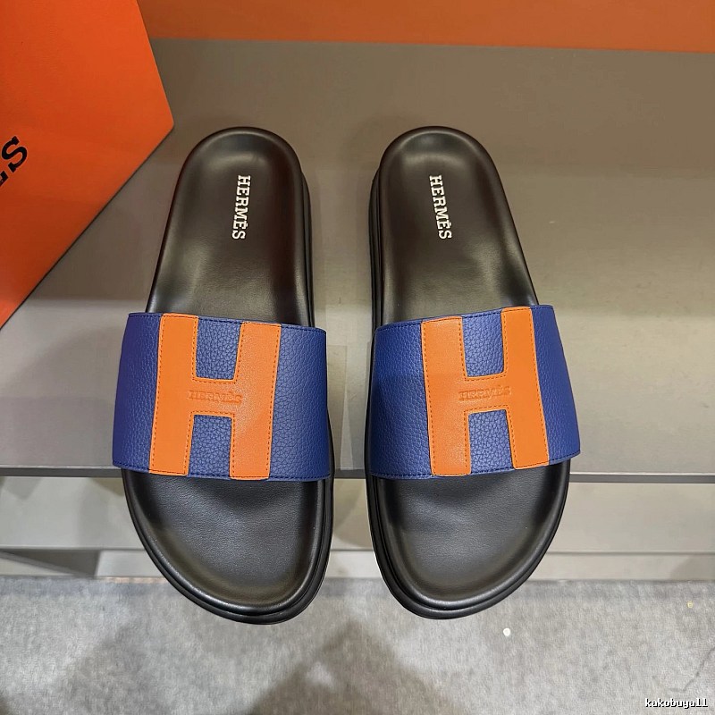 Hermès H Series Minimalist Style Blue and Orange Colorblock Slide Sandals