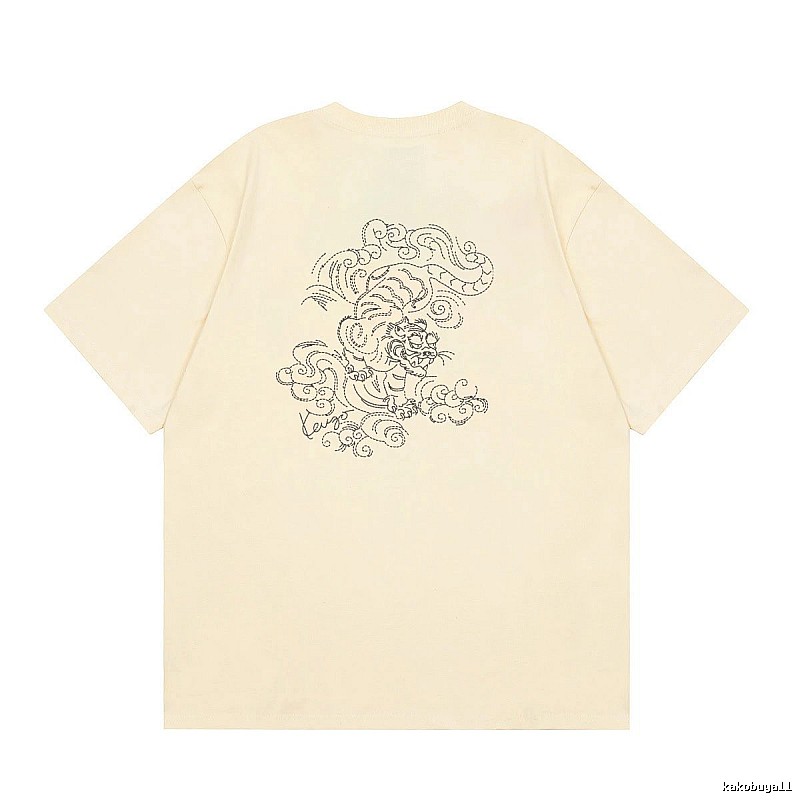 KENZO Auspicious Cloud Tiger Embroidery Chinese Style Beige Apricot Short Sleeve T-Shirt