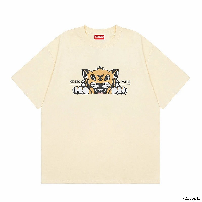 KENZO Tiger Head Print Streetwear Style Beige Short Sleeve T-Shirt