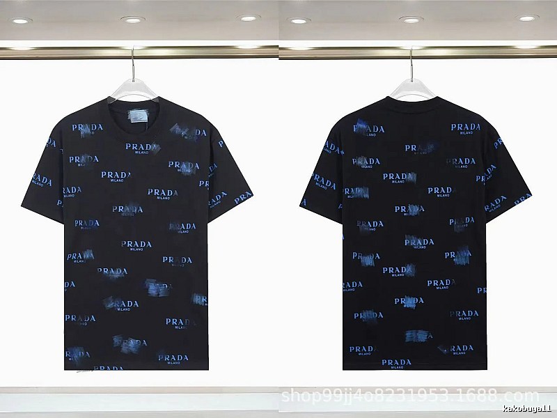Prada All-over Printed Streetwear Style Black Short-sleeve T-shirt