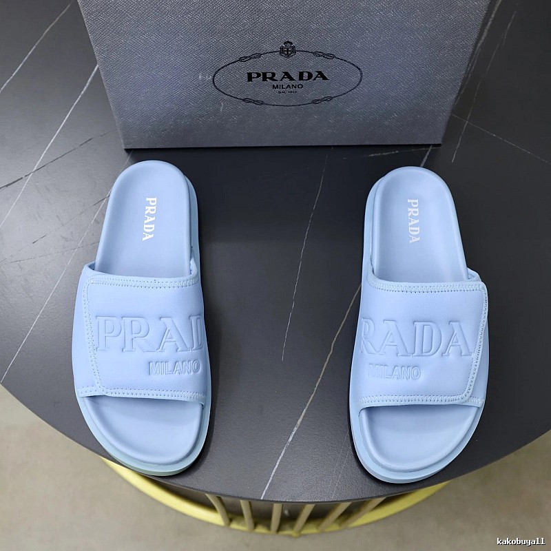 Prada Embossed Collection Minimalist Style Light Blue Slides