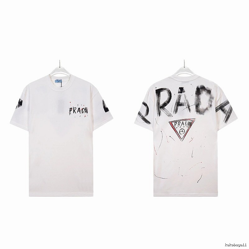 Prada Triangle Logo Graffiti Street Style White Short-sleeve T-shirt