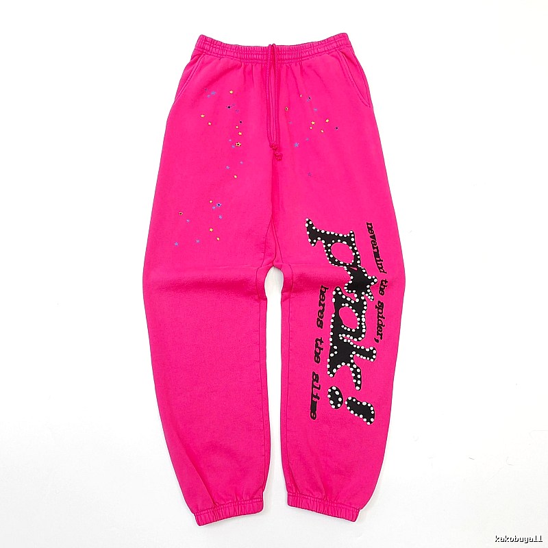 Sp5der Logo Sweatpants in Hot Pink - black vertical branding and cuffed ankles