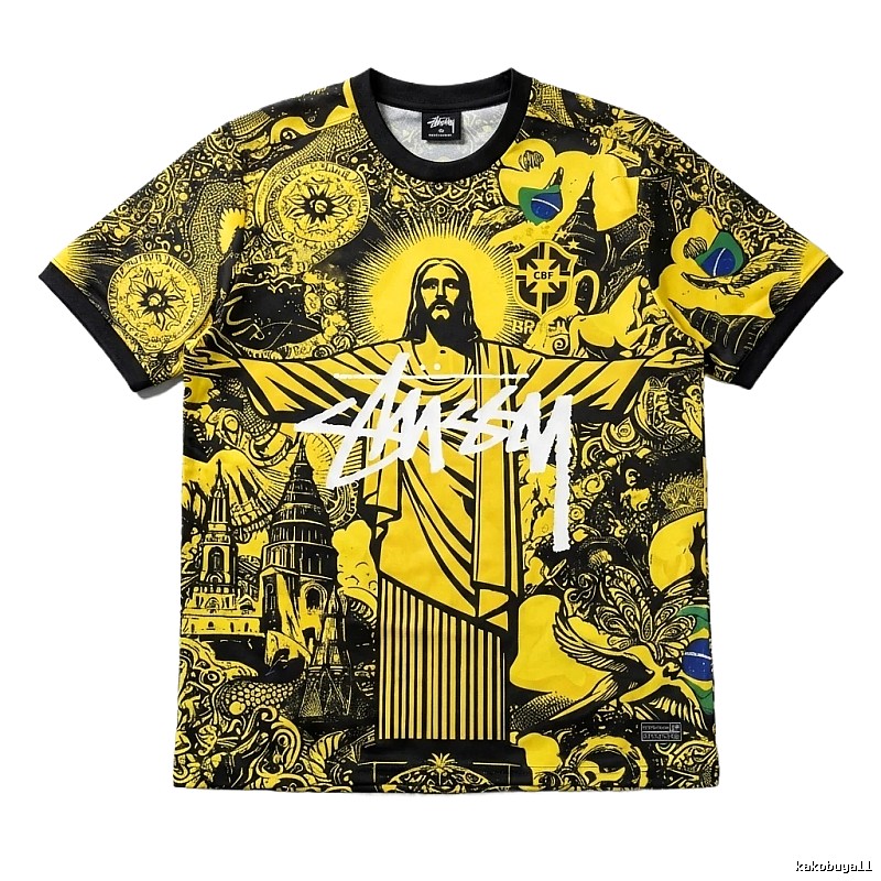 Stussy's religious-style yellow and black short-sleeve T-shirt