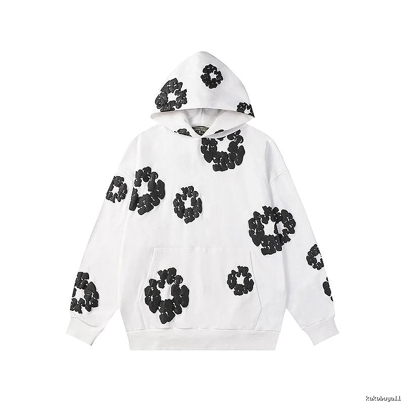 White Hoodie with Black Flower Pattern